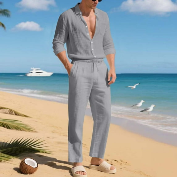 Donemore Men's Solid Color Loose-Fit Minimalist Linen Button-Up Shirt and Pants Set Casual Fashion Outfit