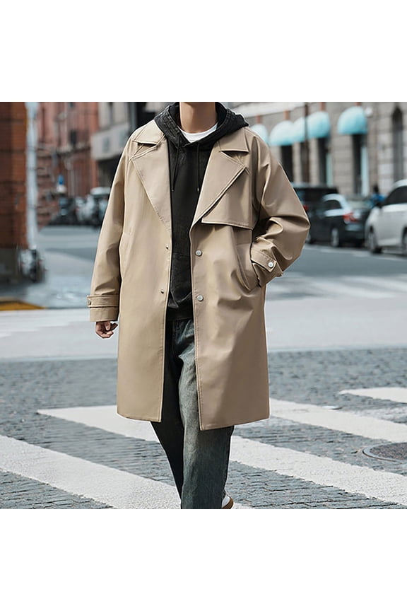 Men's Solid Color Mid-Length Long Sleeve Notched Lapel Button Pocket Trench Coat, Business Casual Minimalist Design, Multi-Occasion Comfortable Versatile Men's Outerwear