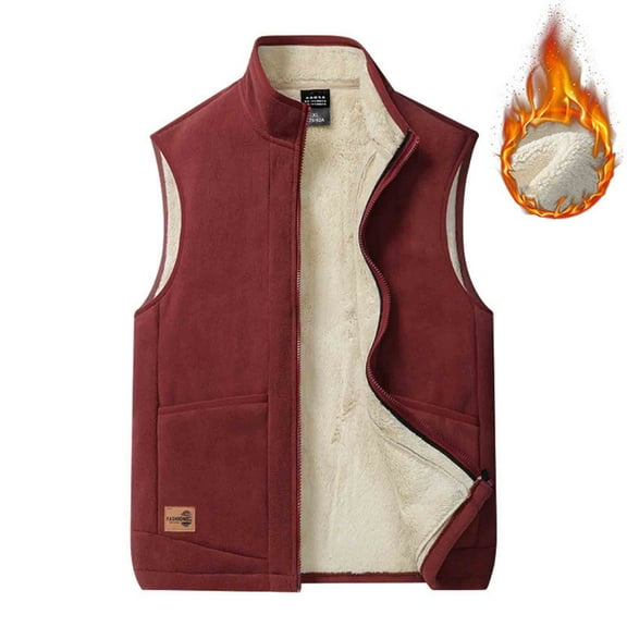 Donemore Men's Solid Color Polar Fleece Stand Collar Zipper Pocket Vest - Winter Thickened Plush Lining, Casual Comfortable Menswear