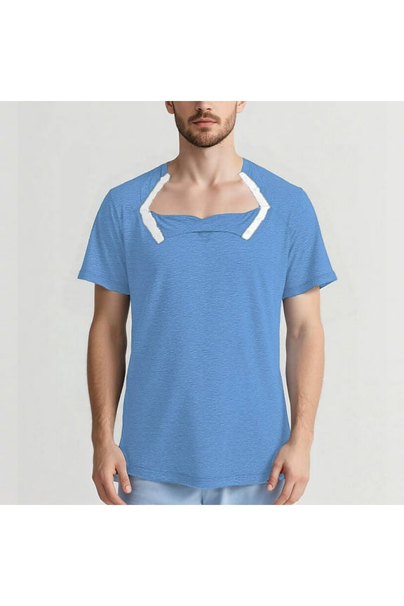 Men's Solid Color Post-Surgery Recovery Care Short Sleeve Shirt with Snap Button Collar, Round Neck Comfortable Breathable Casual Men's Top