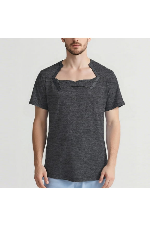 Men's Solid Color Post-Surgery Recovery Care Short Sleeve Shirt with Snap Button Collar, Round Neck Comfortable Breathable Casual Men's Top