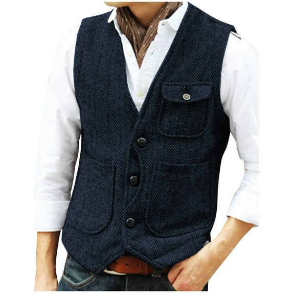 Donemore Men's Solid Color Sleeveless V-Neck Single-Breasted Multi-Pocket Vest Casual Daily Wear Practical Design Versatile Layering Piece