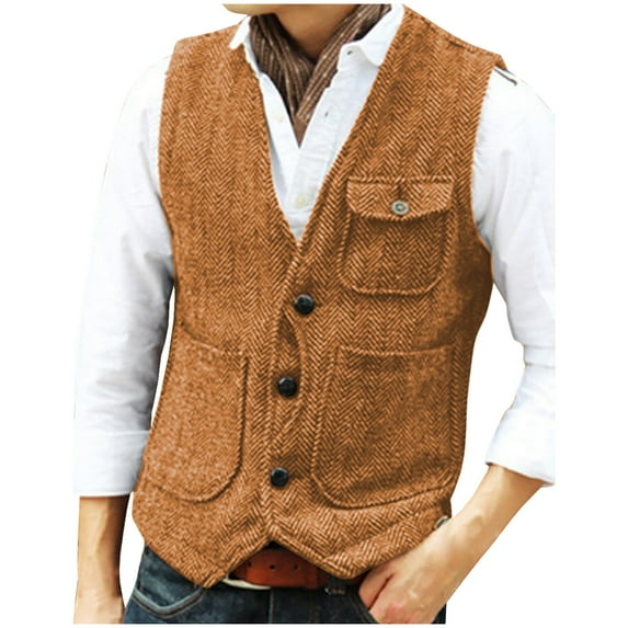 Donemore Men's Solid Color Sleeveless V-Neck Single-Breasted Multi-Pocket Vest Casual Daily Wear Practical Design Versatile Layering Piece