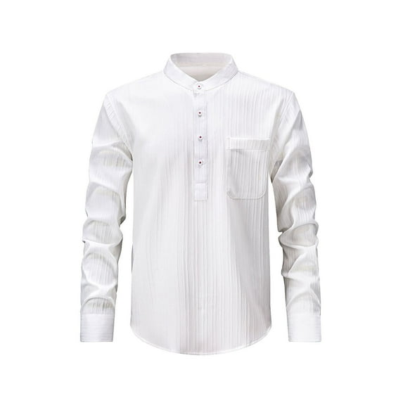 Donemore Men's Solid Color Stand Collar Long Sleeve Half Button Pocket Shirt, Casual Business Top Minimalist Versatile Men's Wear