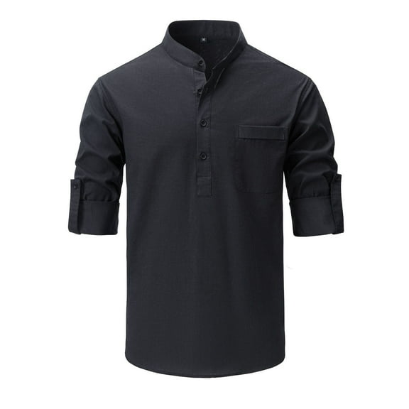 Donemore Men's Solid Color Stand Collar Long Sleeve Half Button Pocket Shirt, Casual Business Top Minimalist Versatile Men's Wear