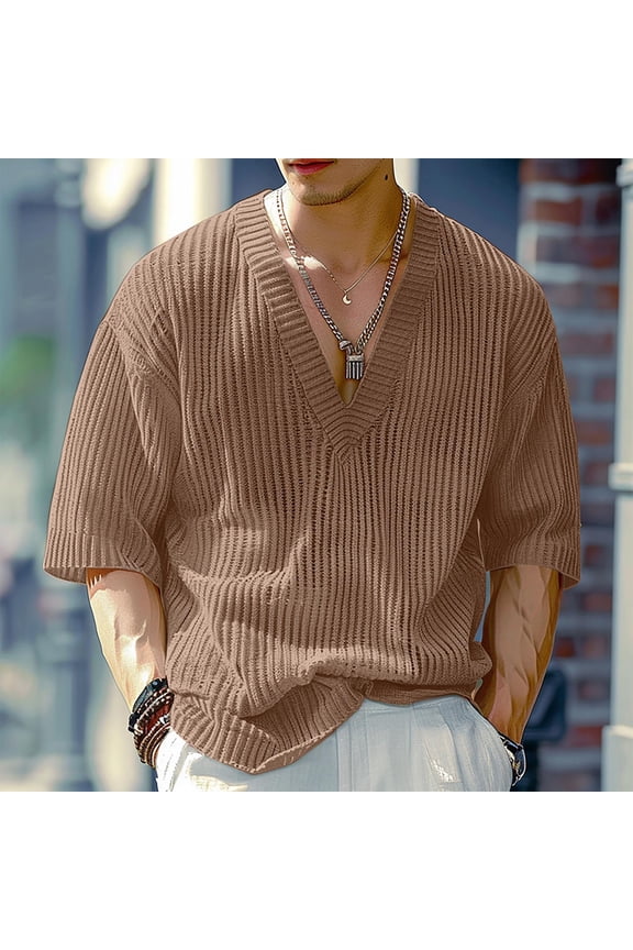 Men's Solid Color Textured Striped V-Neck Short Sleeve Shirt - Breathable Comfortable Casual Minimalist Versatile Top