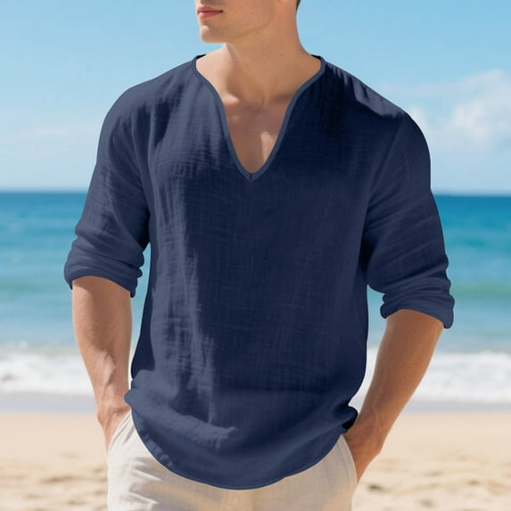 Donemore Men's Solid Color V-Neck Long Sleeve Henley Shirt Casual Business Style Comfortable Breathable Undershirt