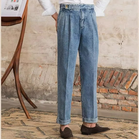 Donemore Men's Solid Color Washed Denim Dress Pants High-Waisted Straight Leg Retro Gentleman Casual Business Trousers Classic Versatile Design
