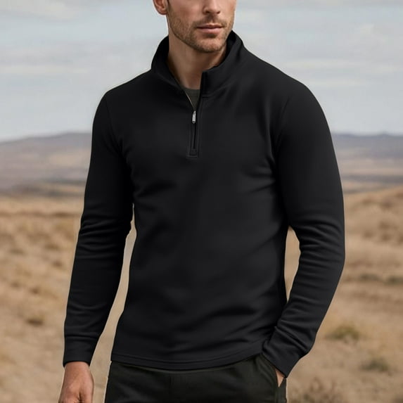 Donemore Men's Stand Collar Half-Zip Long Sleeve Thermal Fleece Top - Solid Color Minimalist Basic Undershirt - Winter Warmth Slim-Fit Men's Clothing