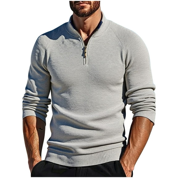 Donemore Men's Stand Collar Zipper Pocket Pullover Sweater Solid Color Acrylic Knit Winter Warm