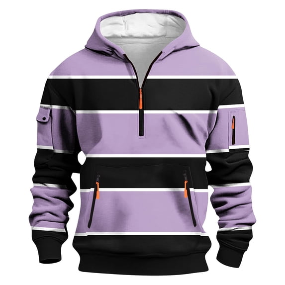 Donemore Men's Striped Print Pullover Half-Zip Hooded Sweatshirt with Pockets Long Sleeve Utility Workwear Style Casual Streetwear Top