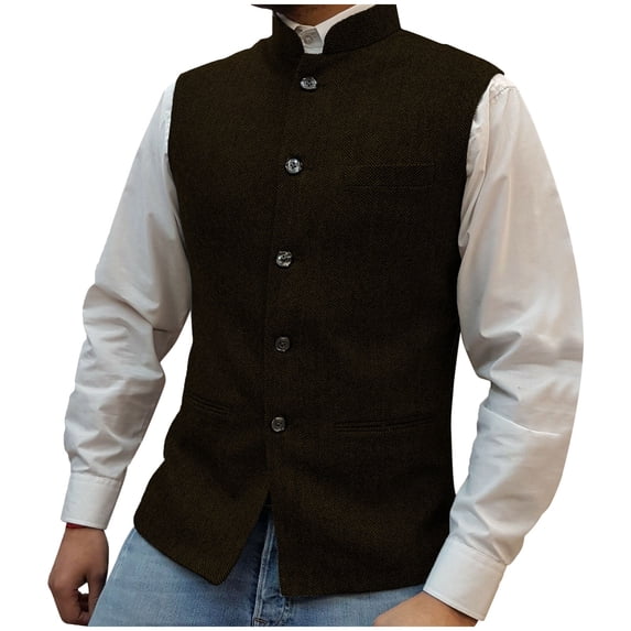 Donemore Men's Suit Vest Waistcoat - Solid Color Stand Collar Single Button Closure Multi-Pocket Design, Business Casual Urban Commute Style
