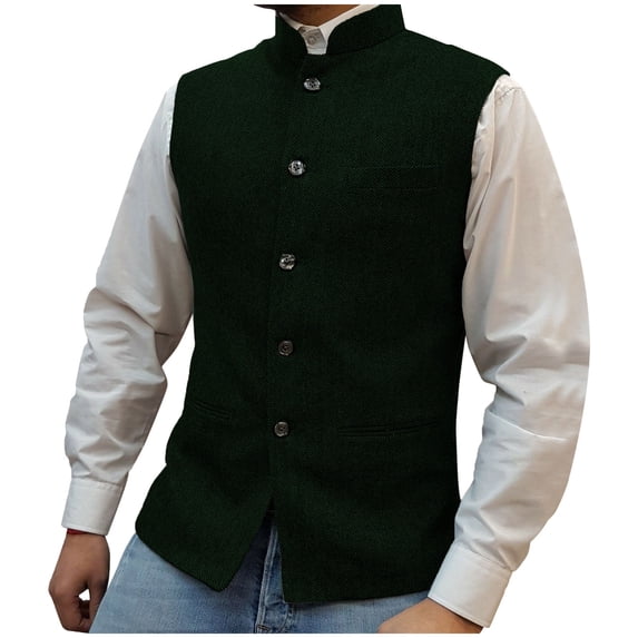 Donemore Men's Suit Vest Waistcoat - Solid Color Stand Collar Single Button Closure Multi-Pocket Design, Business Casual Urban Commute Style
