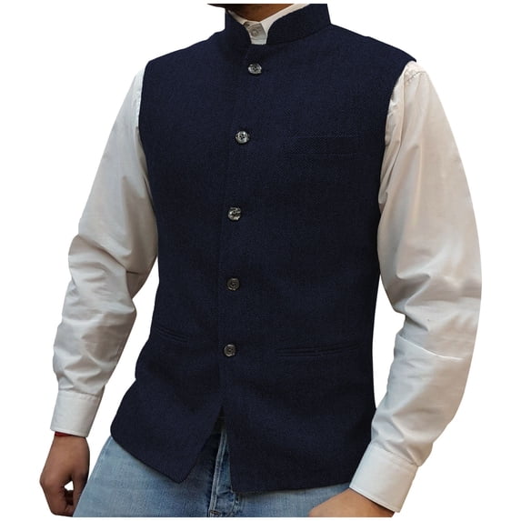 Donemore Men's Suit Vest Waistcoat - Solid Color Stand Collar Single Button Closure Multi-Pocket Design, Business Casual Urban Commute Style