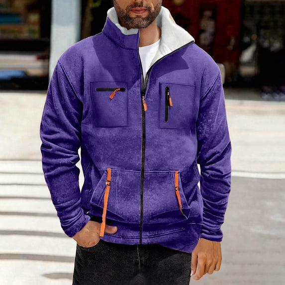Donemore Men's Thermal Fleece-Lined Stand Collar Jacket with Zippered Pockets, Solid Color Casual Winter Outerwear Long Sleeve Coat