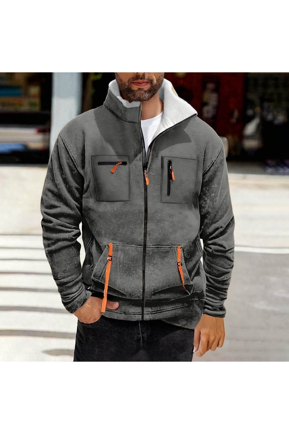 Men's Thermal Fleece-Lined Stand Collar Jacket with Zippered Pockets, Solid Color Casual Winter Outerwear Long Sleeve Coat