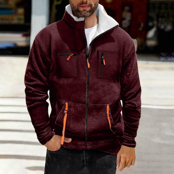 Donemore Men's Thermal Fleece-Lined Stand Collar Jacket with Zippered Pockets, Solid Color Casual Winter Outerwear Long Sleeve Coat