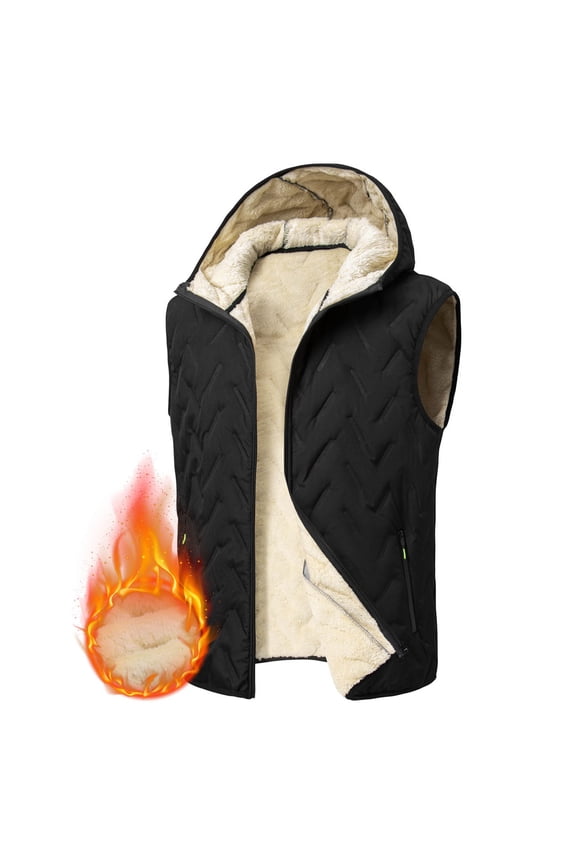Men's Thermal Fleece Vest Sleeveless Hooded Jacket with Zip Pockets, Lightweight Casual Outdoor Windbreaker Polyester Coat