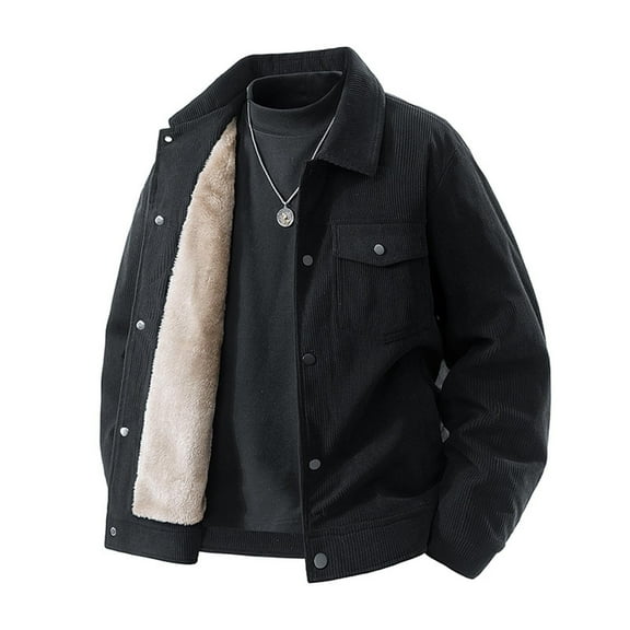 Donemore Men's Thermal Lined Corduroy Jacket Winter Solid Color Lapel Button-Up Long Sleeve Coat for Outdoor Casual