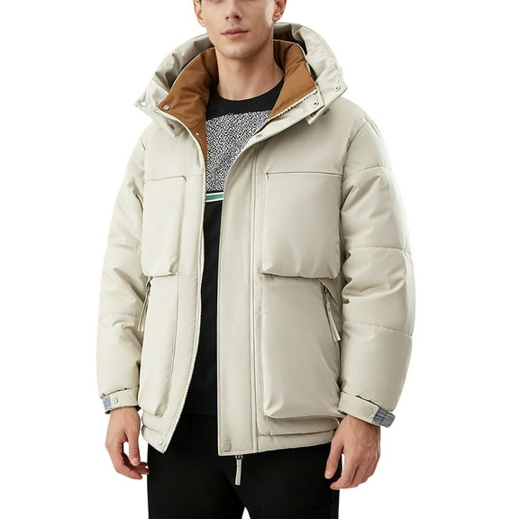 Donemore Men's Thickened Hooded Puffer Coat with Zipper Pockets Outdoor Casual Jacket