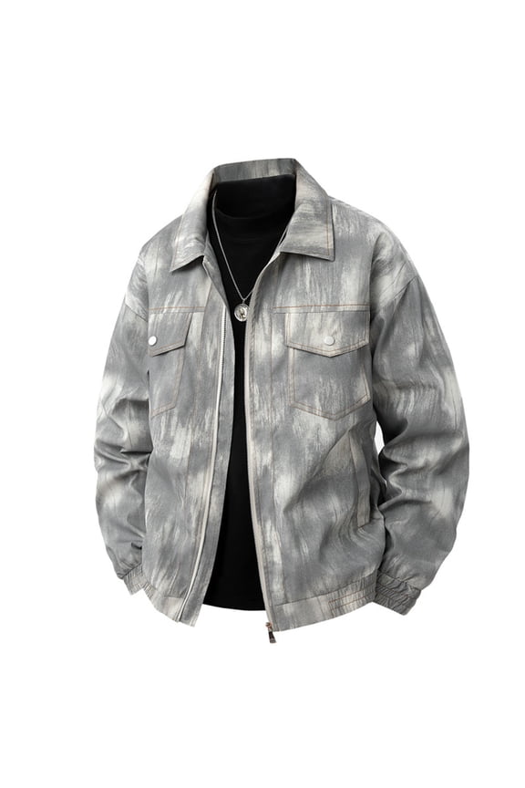 Men's Tie-Dye Lapel Cargo Pocket Utility Jacket Long Sleeve No Hood Retro Vintage Workwear Coat Casual Streetwear Comfortable Versatile Male Outerwear