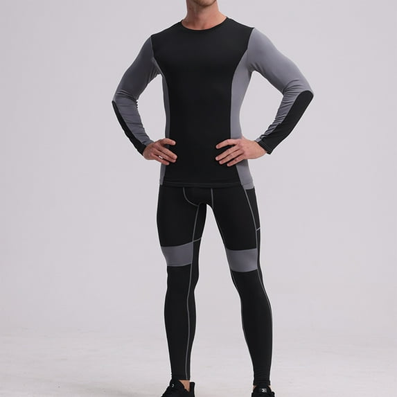Donemore Men's Tight Training Sports High Elasticity Long Sleeve Round Neck Color Blocked Sports Set