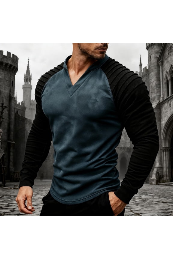 Men's V-Neck Raglan Sleeve T-Shirt Pleated Detail Casual Long Sleeve Top