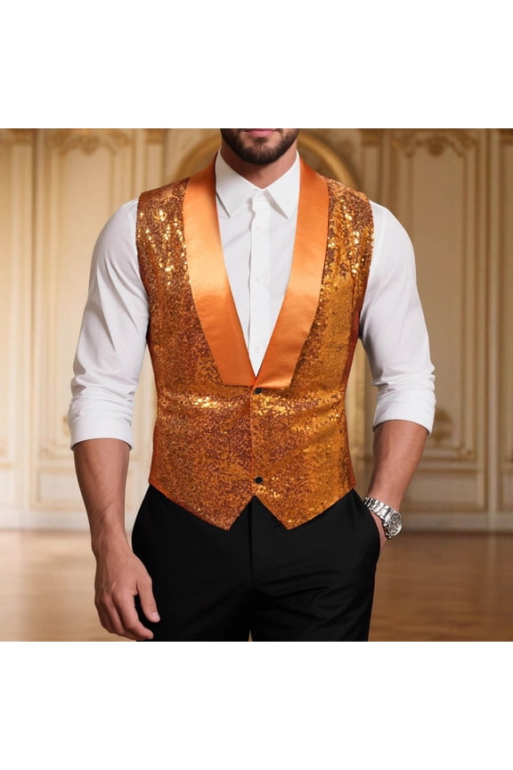 Men's V-Neck Sleeveless Vest with Sequins Decoration, Stage Evening Host Formal Style Slim Fit Design, Radiant Event Attire Formal Fashion Menswear