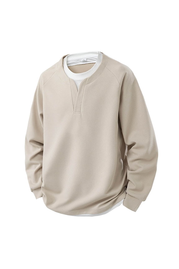 Men's V-Neck Waffle Texture Two-Tone Layered Sweatshirt Urban Casual Pullover Non-Hooded Loose Fit Modern Style Male Apparel