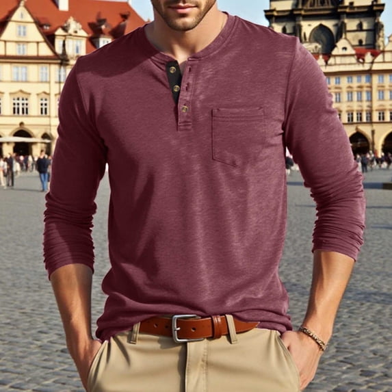 Donemore Men's Vintage Casual Solid Color Button Pocket Henley Shirt Long Sleeve Round Neck Top Classic Stylish Men's Shirt