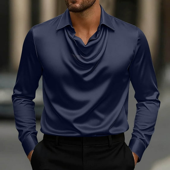 Donemore Men's Vintage Stretch Satin Shirt Long Sleeve Solid Color Wrinkle Button Down Collar Casual Comfort Fit Retro Style