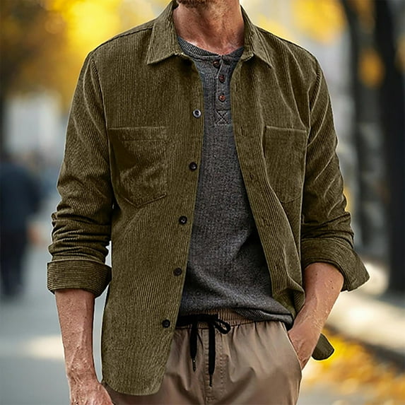 Donemore Men's Vintage Style Solid Corduroy Button-Down Collar Long Sleeve Shirt with Classic Pocket Design Trendy Vintage Style