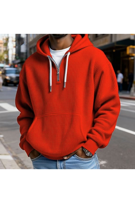 Men's Waffle Knit Hoodie Henley Neck with Drawstrings Elbow Patches Casual Pullover Hooded Sweatshirt Fashion Men's Top with Vintage Style