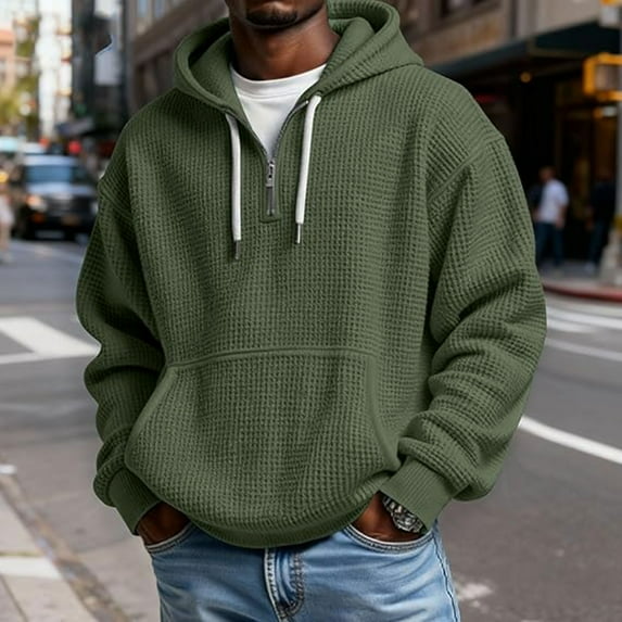 Donemore Men's Waffle Knit Hoodie Henley Neck with Drawstrings Elbow Patches Casual Pullover Hooded Sweatshirt Fashion Men's Top with Vintage Style