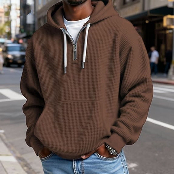Donemore Men's Waffle Knit Hoodie Henley Neck with Drawstrings Elbow Patches Casual Pullover Hooded Sweatshirt Fashion Men's Top with Vintage Style