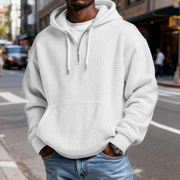 Donemore Men's Waffle Knit Hoodie Henley Neck with Drawstrings Elbow Patches Casual Pullover Hooded Sweatshirt Fashion Men's Top with Vintage Style
