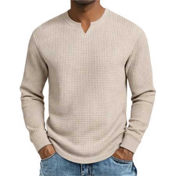 Donemore Men's Waffle Knit Shirt Slim Fit V Neck Long Sleeve Pullover Casual Breathable Top