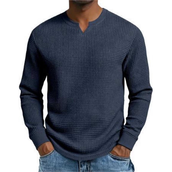 Donemore Men's Waffle Knit Shirt Slim Fit V Neck Long Sleeve Pullover Casual Breathable Top