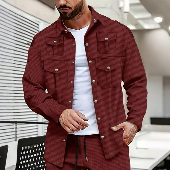 Donemore Men's Waffle Texture Shirt Jacket Snap Button Front Multiple Pockets Casual Outdoor Loose Fit Long Sleeve Solid Color Coat