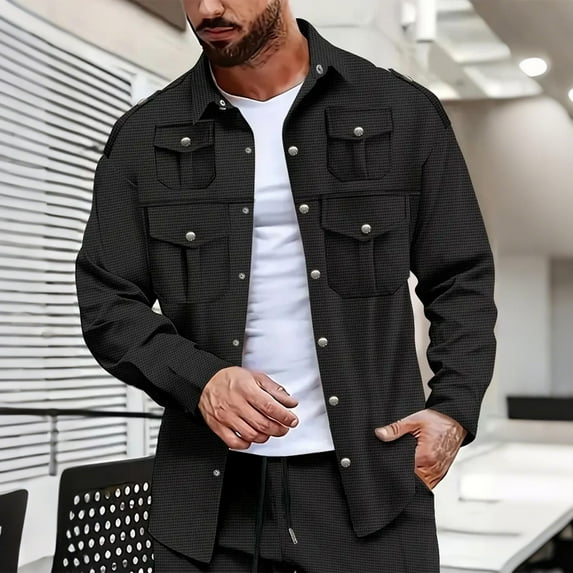 Donemore Men's Waffle Texture Shirt Jacket Snap Button Front Multiple Pockets Casual Outdoor Loose Fit Long Sleeve Solid Color Coat