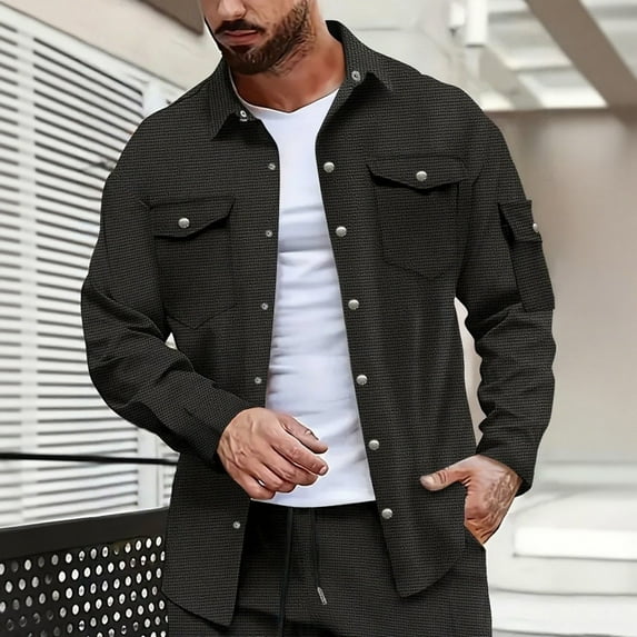 Donemore Men's Waffle Texture Shirt Jacket Snap Button Front Multiple Pockets Casual Outdoor Loose Fit Long Sleeve Solid Color Coat
