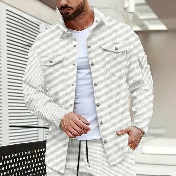 Donemore Men's Waffle Texture Shirt Jacket Snap Button Front Multiple Pockets Casual Outdoor Loose Fit Long Sleeve Solid Color Coat