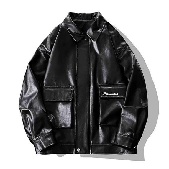 Donemore Men's Windproof Thermal Biker Jacket with Embroidery & Multiple Pockets Solid Color Stand Collar Zipper & Button Closure Faux Leather Coat