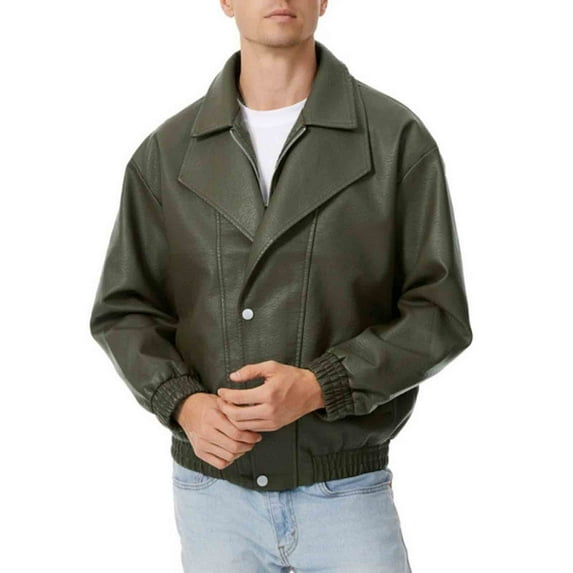 Donemore Men's Windproof & Warm PU Leather Jacket Solid Color Stand Collar Zipper & Button Closure Multi-Pockets Classic Casual Bomber Coat