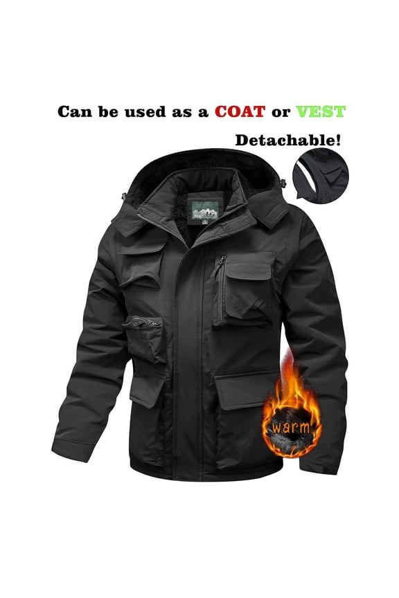 Men's Windproof Water-Resistant Windbreaker with Detachable Sleeves & Hood, Multiple Pockets, Fleece-Lined Loose Fit Outdoor Jacket for Hiking and Casual Wear