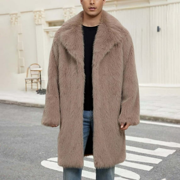 Donemore Men's Winter Faux Fur Long Coat Jacket Warm Turn-Down Collar Solid Color Casual Fashion Outerwear for Daily and Party Use