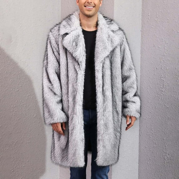 Donemore Men's Winter Faux Fur Long Coat Jacket Warm Turn-Down Collar Solid Color Casual Fashion Outerwear for Daily and Party Use