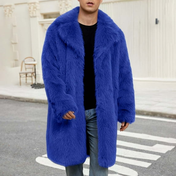 Donemore Men's Winter Faux Fur Long Coat Jacket Warm Turn-Down Collar Solid Color Casual Fashion Outerwear for Daily and Party Use
