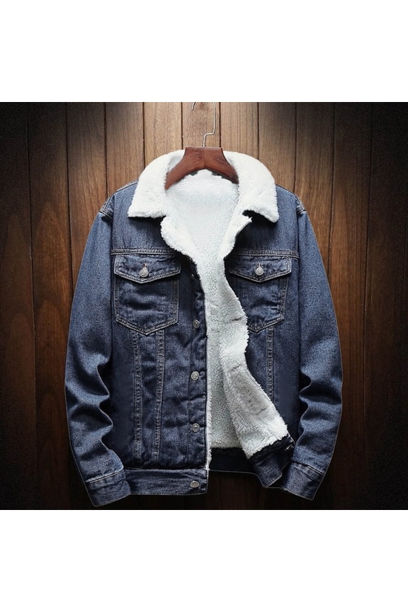 Men's Winter Fleece-Lined Thick Denim Jacket Casual Lapel Pocket Long Sleeve Coat Warm Windbreaker