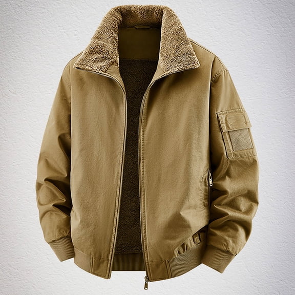 Donemore Men's Winter Fleece-Lined Thickened Solid Color Turn-Down Collar Pilot Jacket with Zipper Pocket Long Sleeve Casual No Hood Warm Outerwear